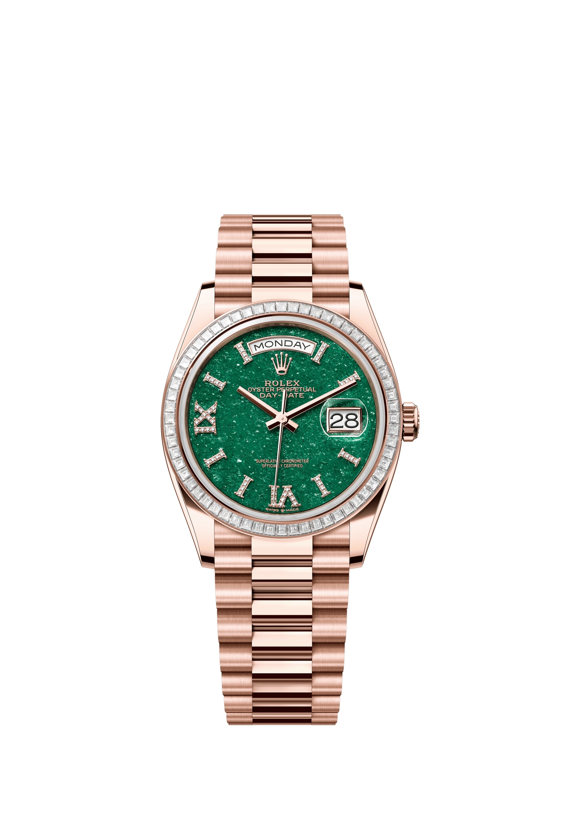 Rolex 128395TBR-0020 : Day-Date 36 Everose Gold - Baguette / Green Aventurine / President - Diamond