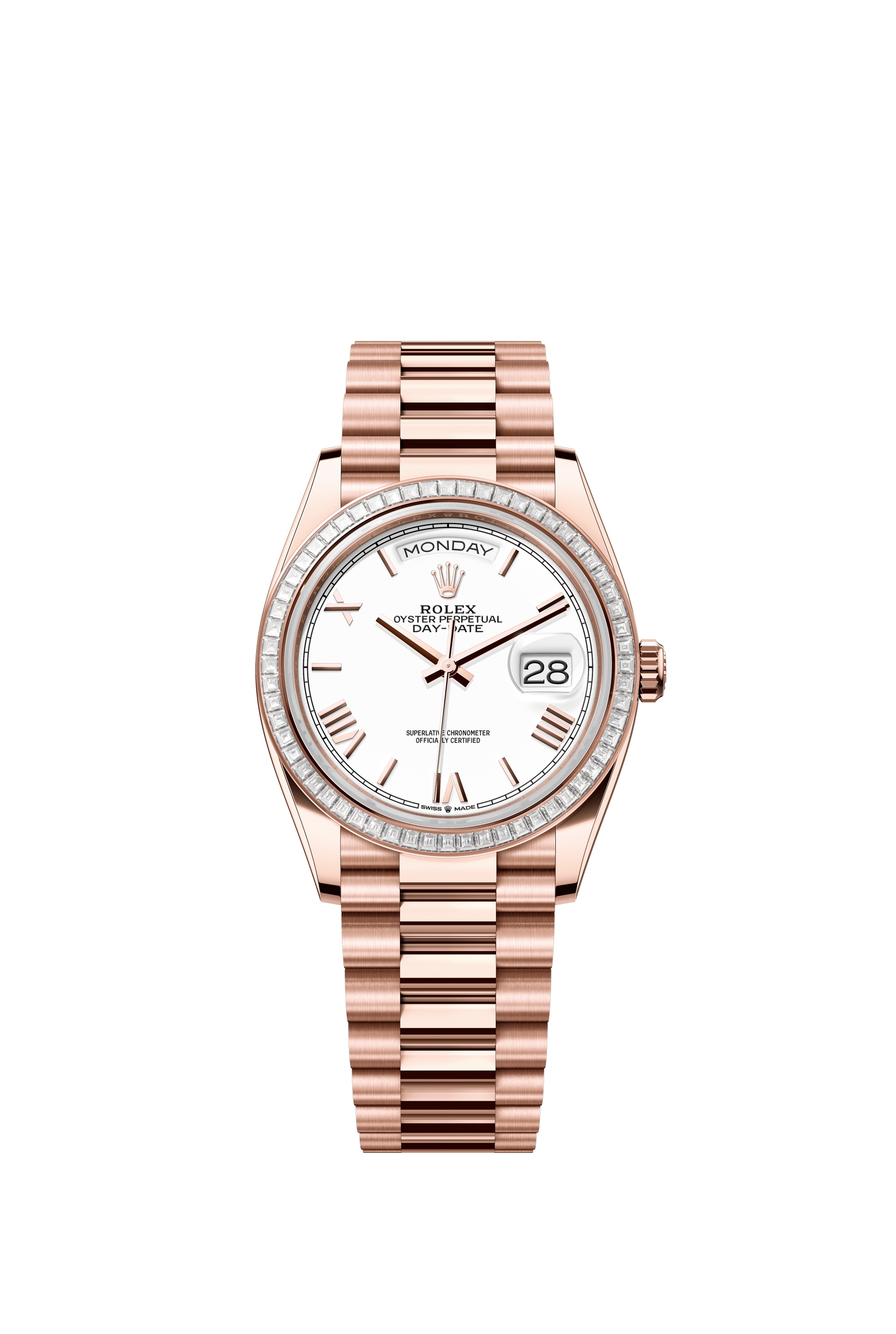 Rolex 128395TBR-0022 : Day-Date 36 Everose Gold - Baguette / White - Roman  / President