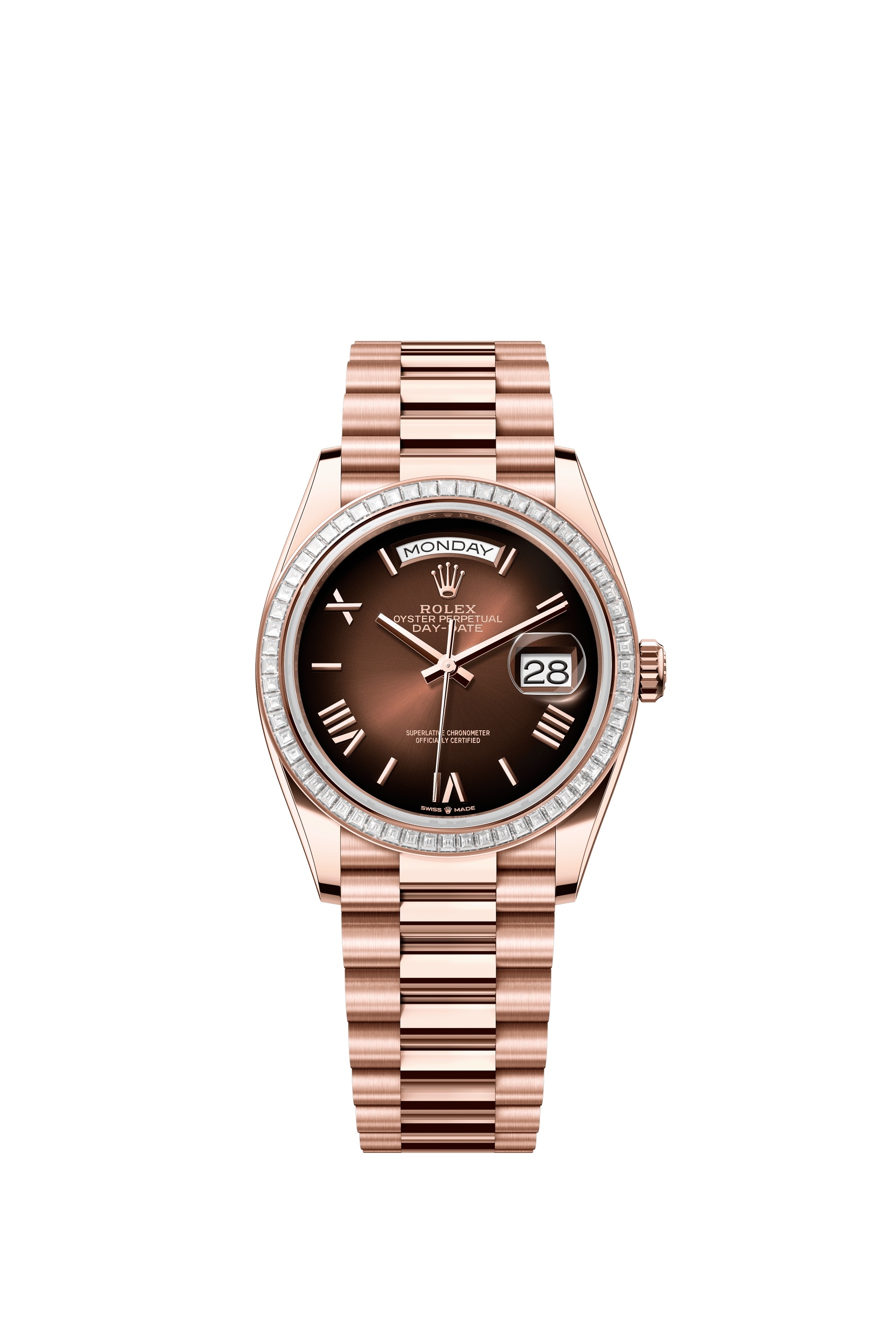 Rolex 128395TBR-0024 : Day-Date 36 Everose Gold - Baguette / Brown Ombré - Roman / President