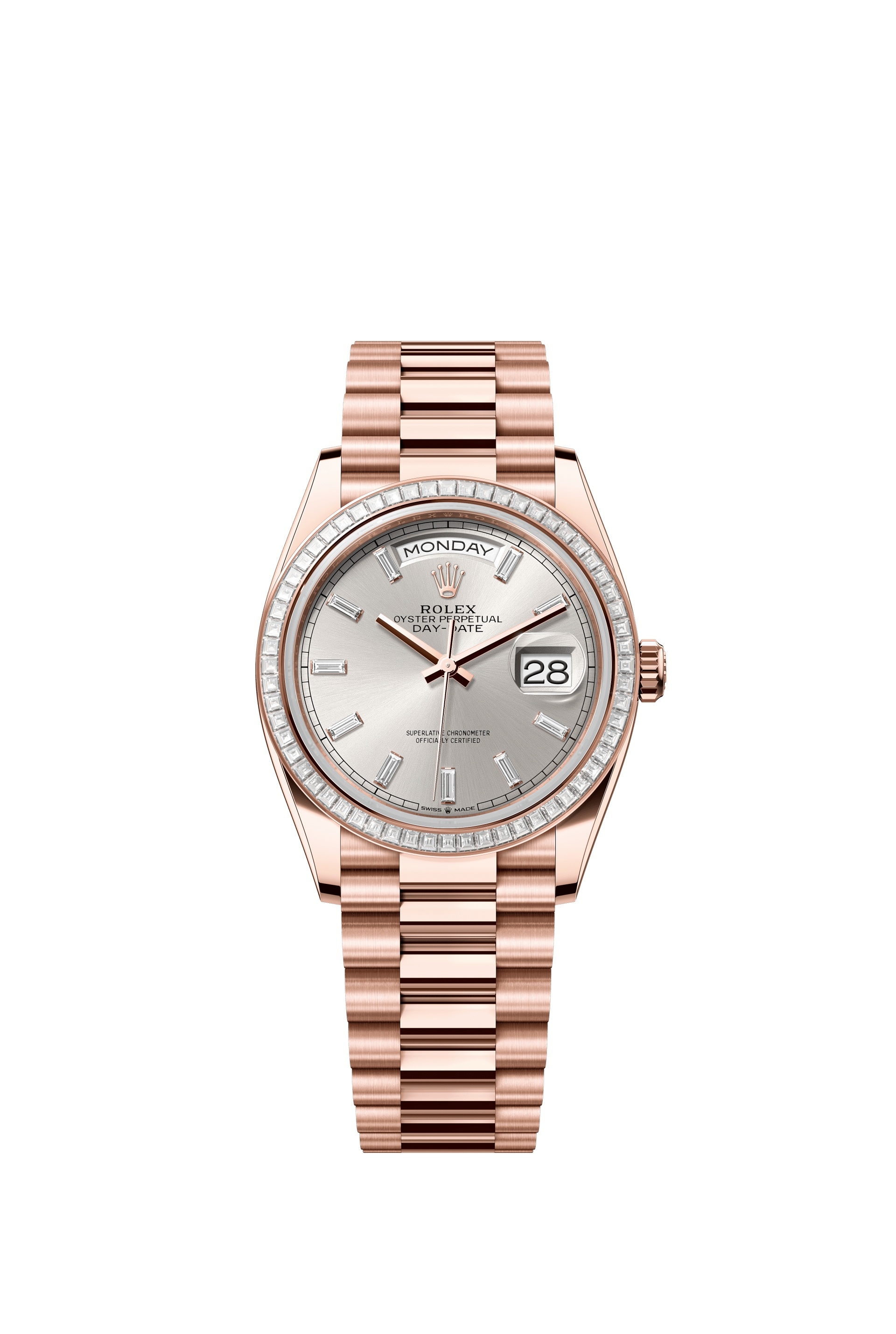 Rolex 128395TBR-0030 : Day-Date 36 Everose Gold - Baguette / Silver - Baguette  / President
