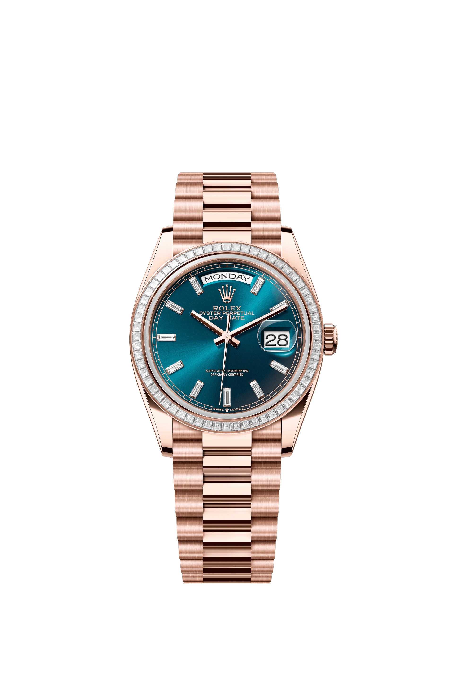 Rolex 128395TBR-0032 : Day-Date 36 Everose Gold - Baguette / Blue-Green - Baguette / President