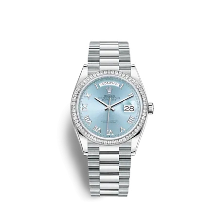 Rolex 128396TBR-0002 : Day-Date 36 Platinum - Baguette / Ice Blue - Roman / President