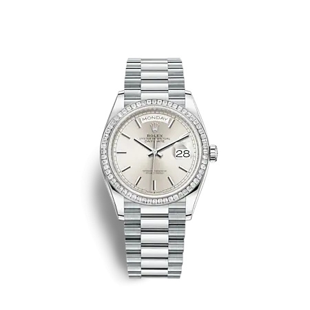 Rolex 128396TBR-0004 : Day-Date 36 Platinum - Baguette / Silver / President