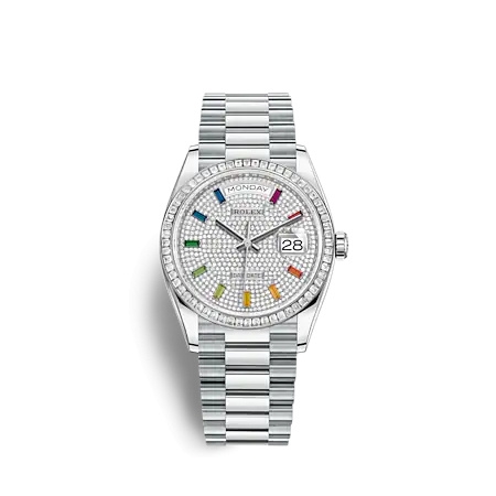 Rolex 128396TBR-0006 : Day-Date 36 Platinum - Baguette / Paved - Rainbow / President
