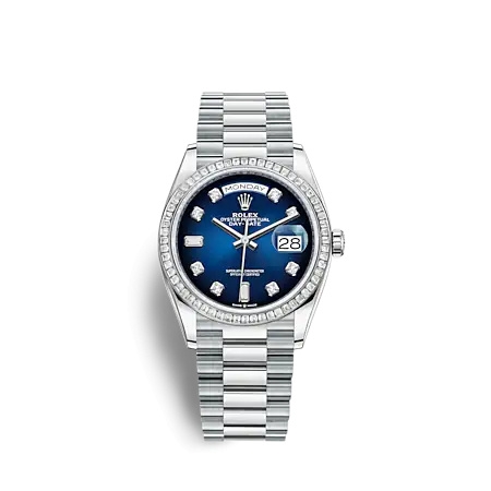 Rolex 128396TBR-0008 : Day-Date 36 Platinum - Baguette / Blue Ombré / President