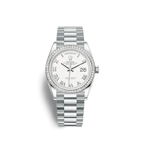 Rolex 128396TBR-0010 : Day-Date 36 Platinum - Baguette / White - Roman / President