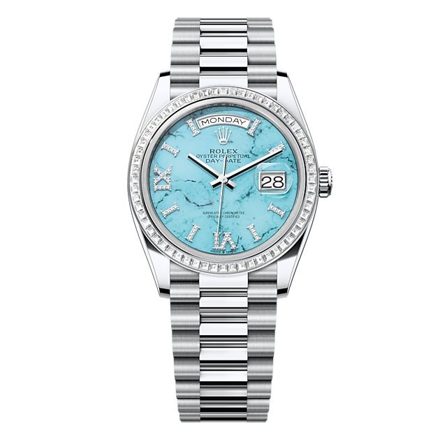 Rolex 128396TBR-0016 : Day-Date 36 Platinum - Baguette / Turquoise / President