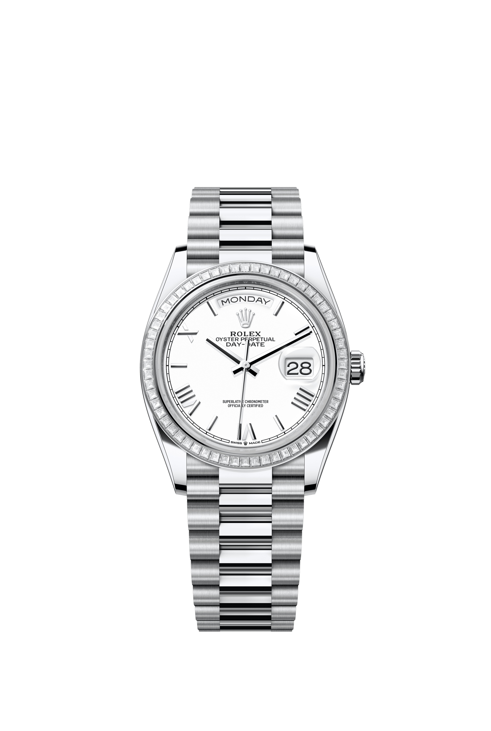 Rolex 128396TBR-0018 : Day-Date 36 Platinum - Baguette / White - Roman / President