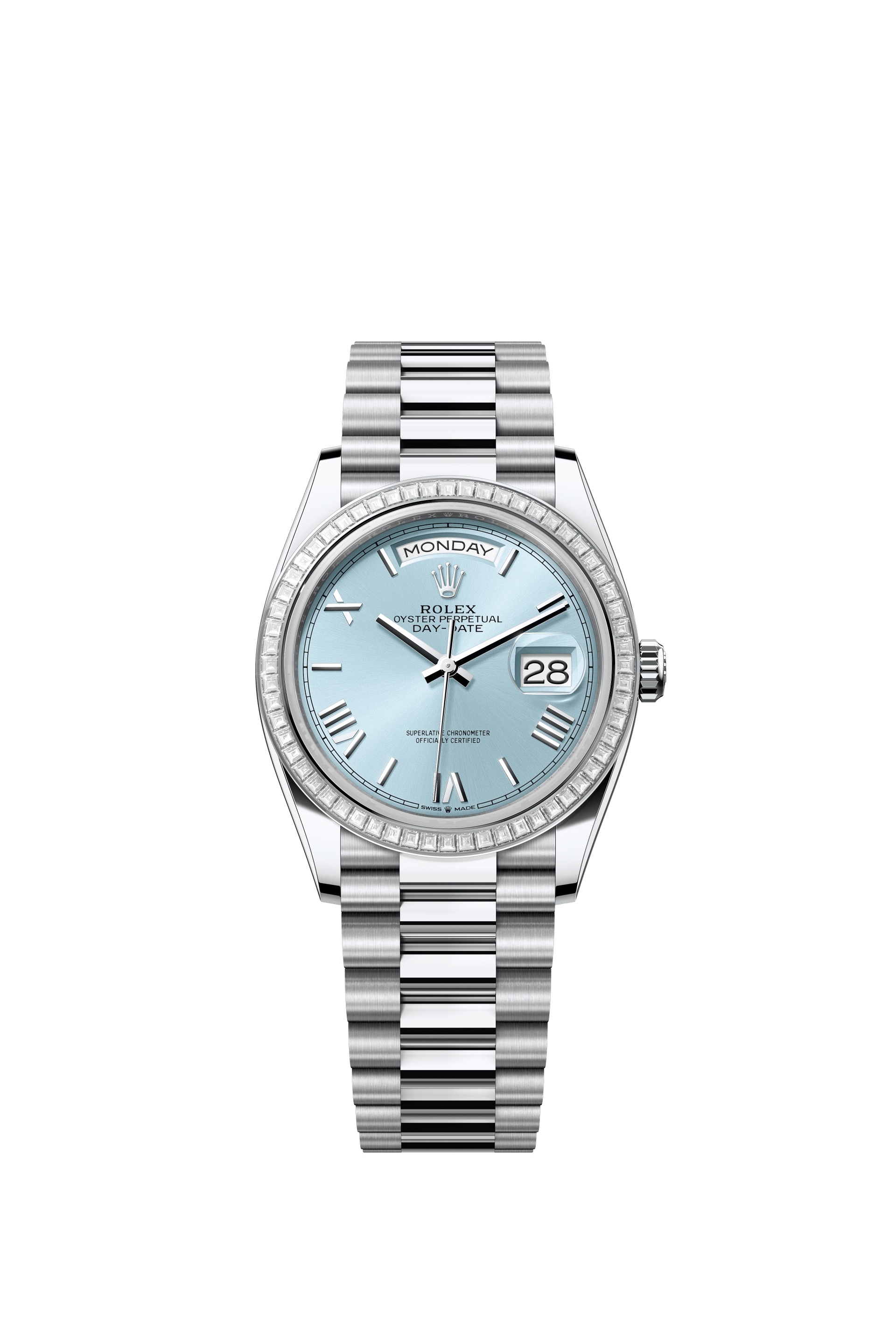 Rolex 128396TBR-0019 : Day-Date 36 Platinum - Baguette / Ice Blue - Roman / President