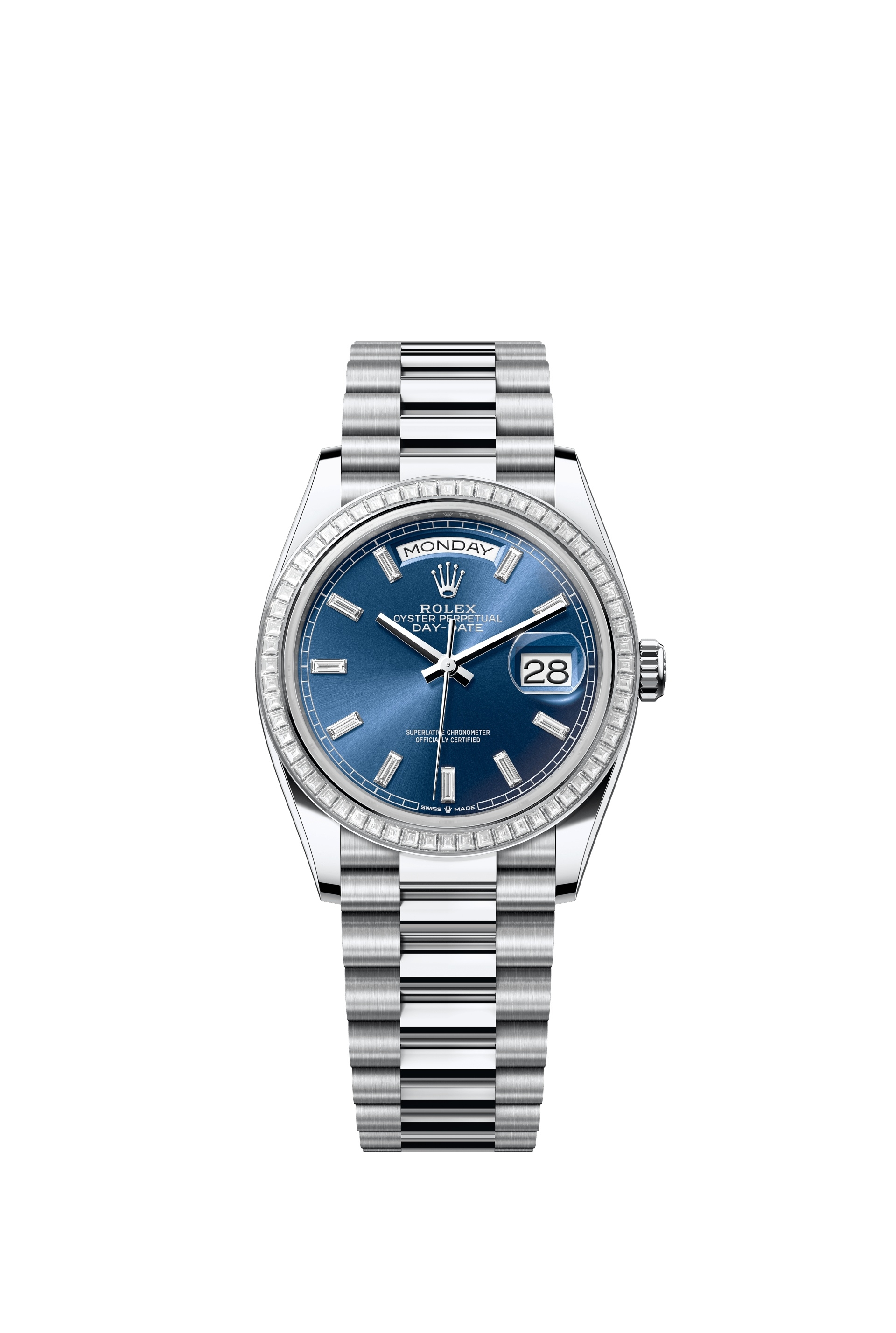 Rolex 128396TBR-0024 : Day-Date 36 Platinum - Baguette / Bright Blue - Baguette / President