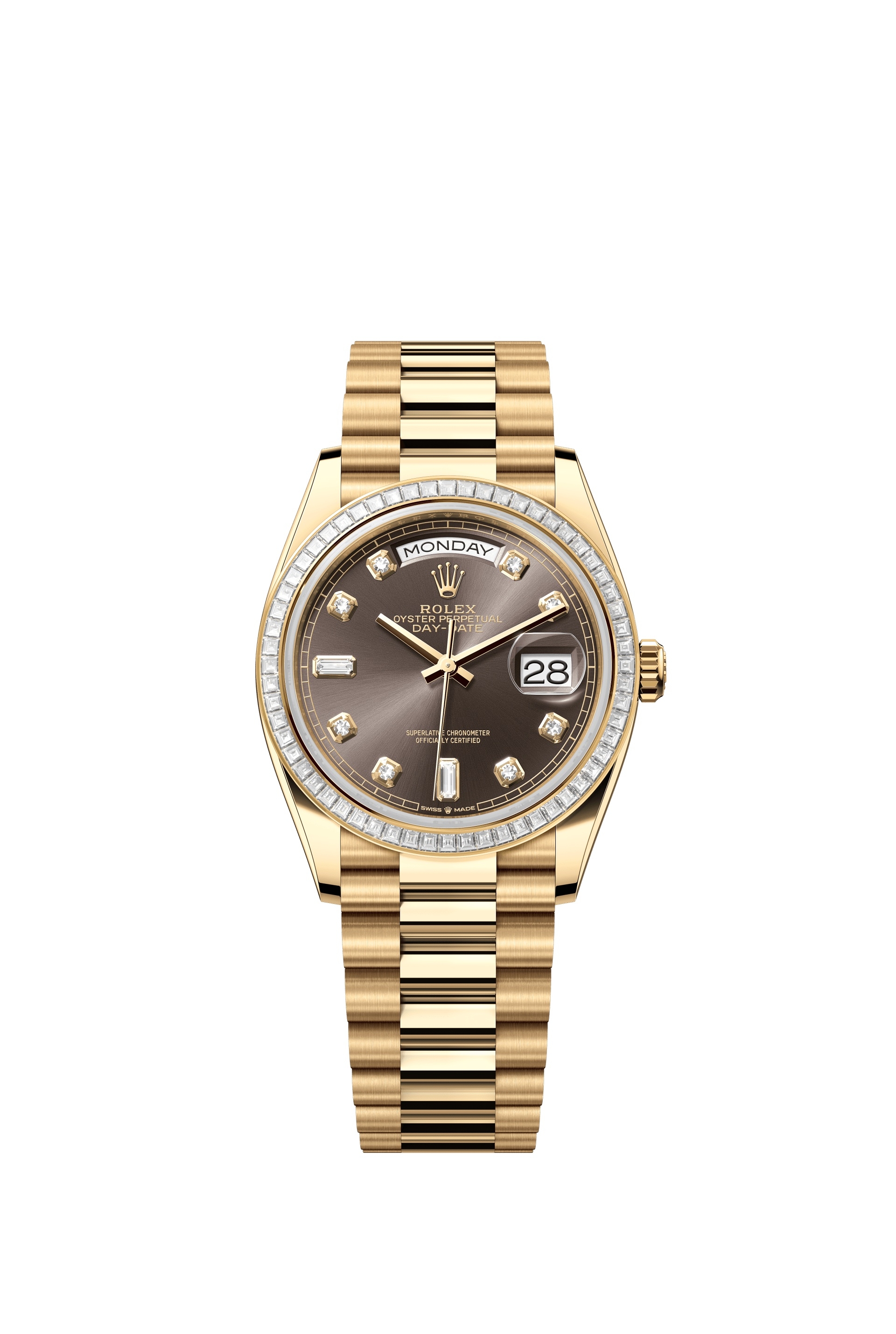 Rolex 128398TBR-0006 : Day-Date 36 Yellow Gold - Baguette / Dark Grey - Diamond / President