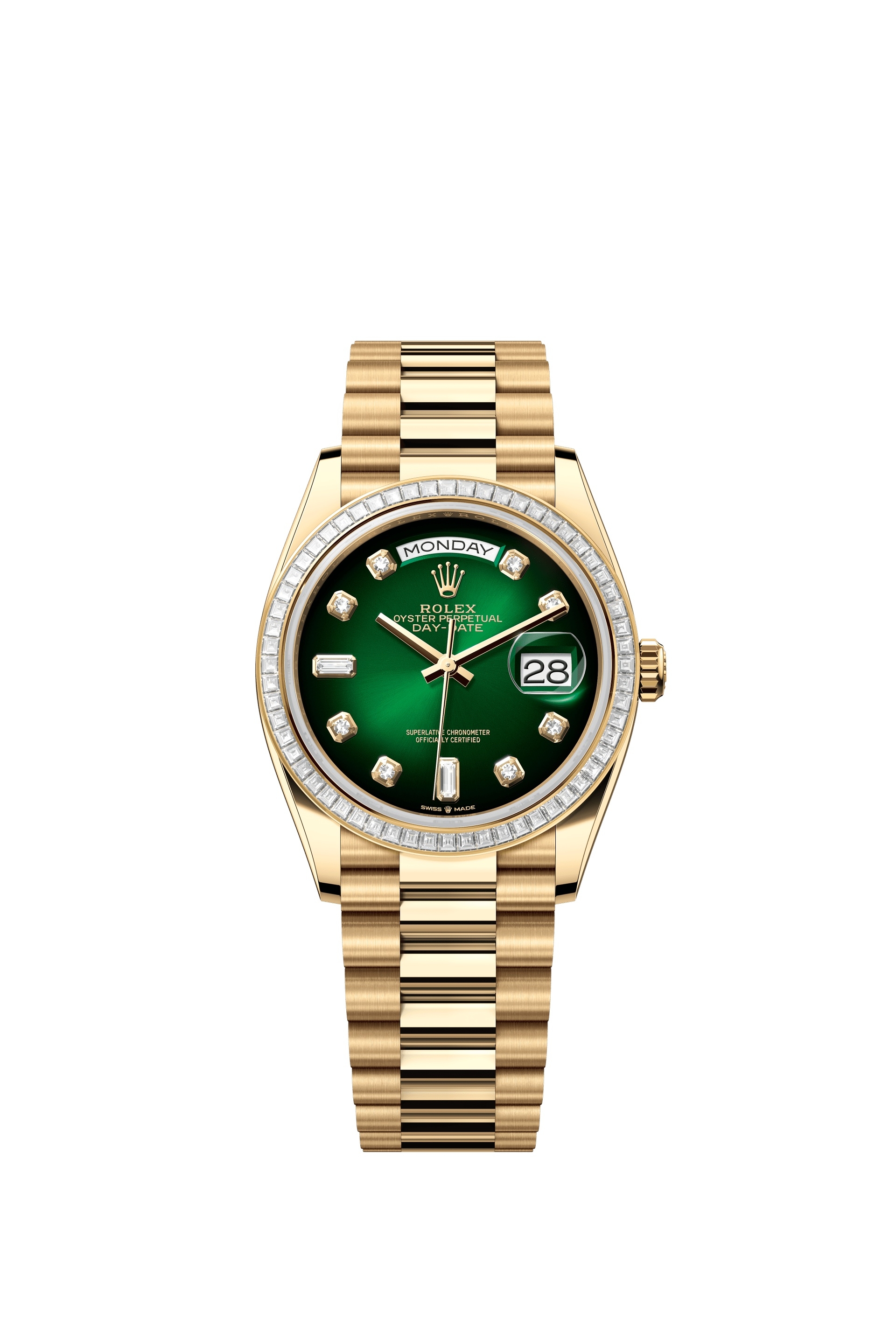 Rolex 128398TBR-0008 : Day-Date 36 Yellow Gold - Baguette / Green Ombré - Diamond / President