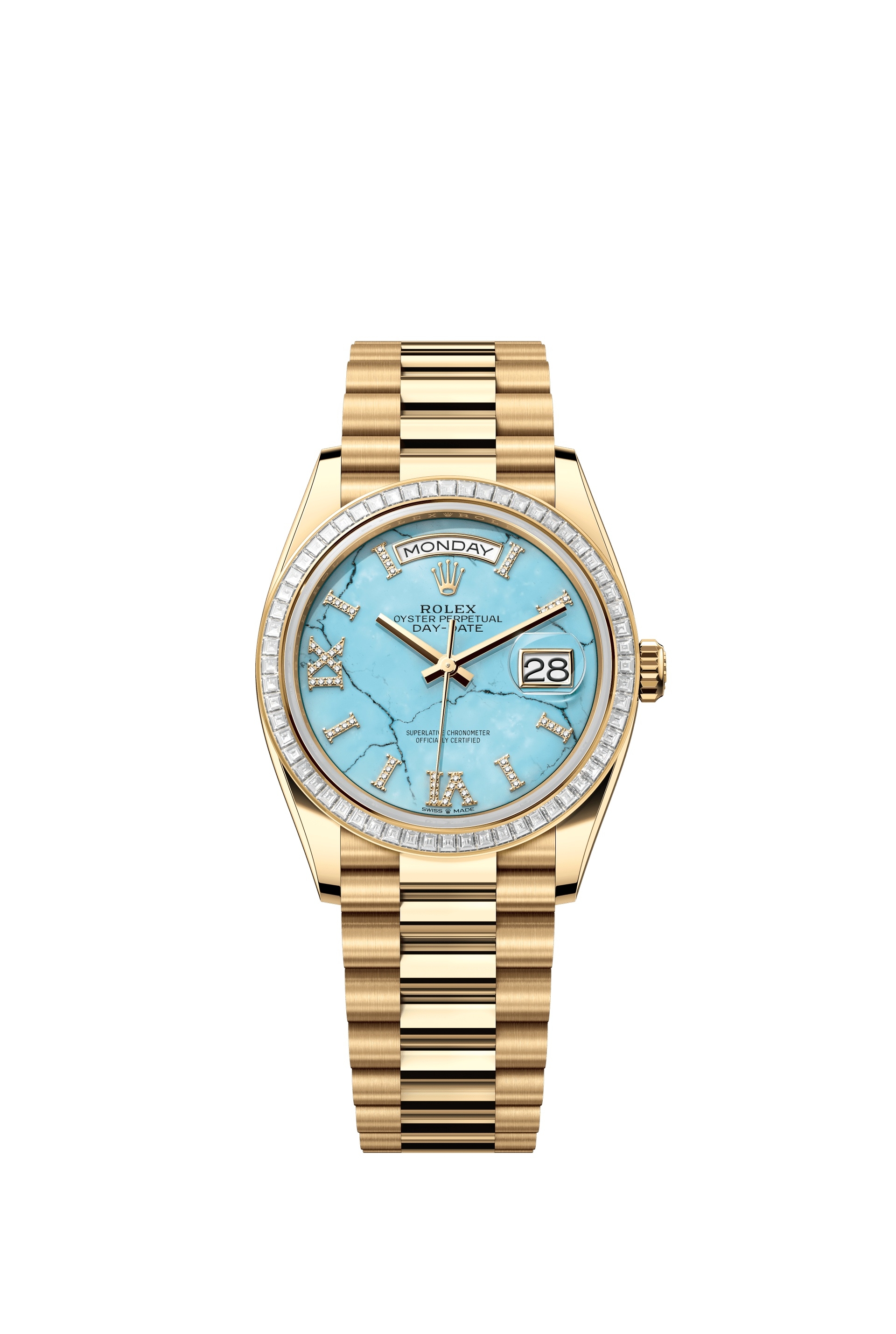 Rolex 128398TBR-0014 : Day-Date 36 Yellow Gold - Baguette / Turquoise / President