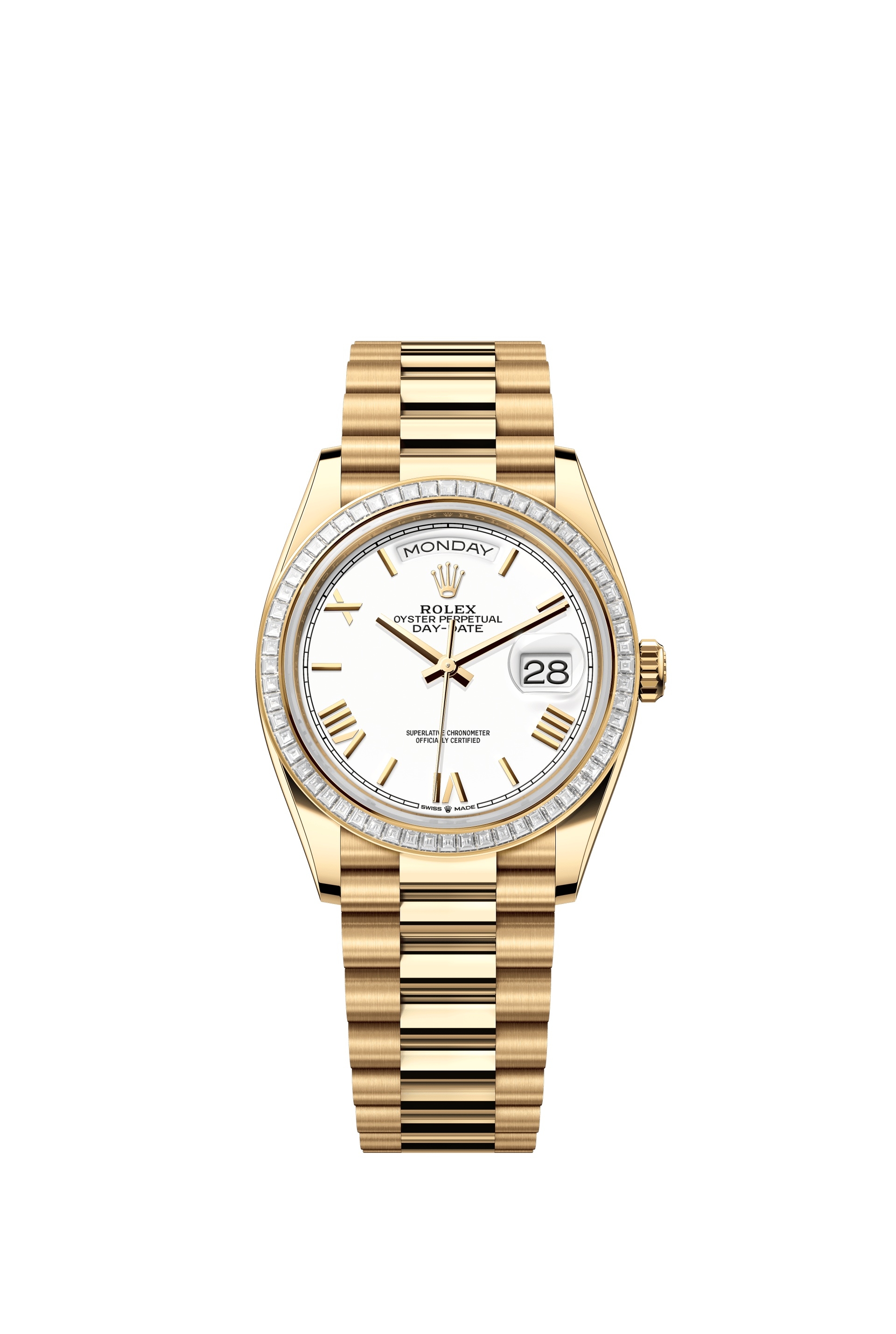 Rolex 128398TBR-0026 : Day-Date 36 Yellow Gold - Baguette / White - Roman / President