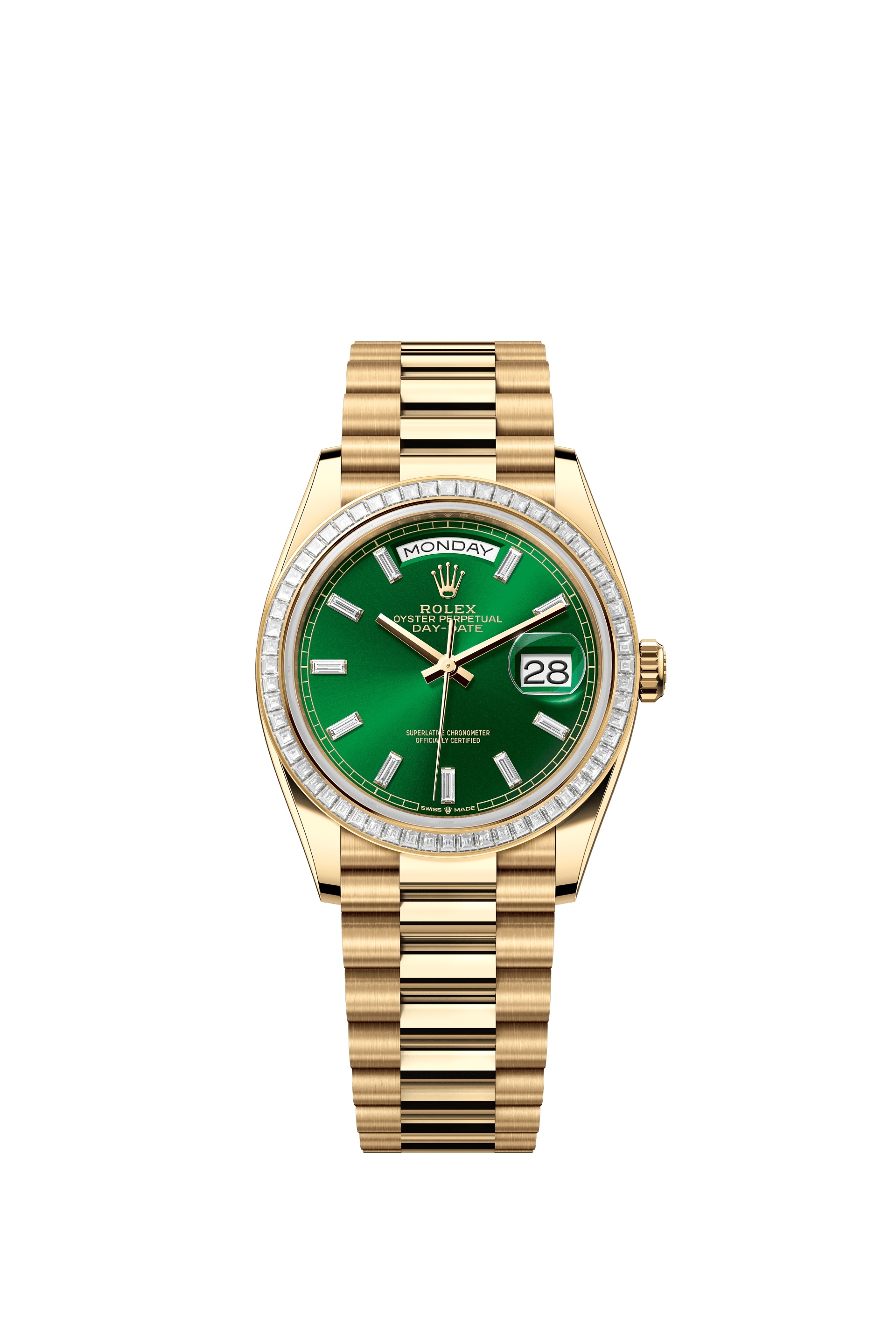 Rolex 128398TBR-0035 : Day-Date 36 Yellow Gold - Baguette / Bright Green - Baguette / President