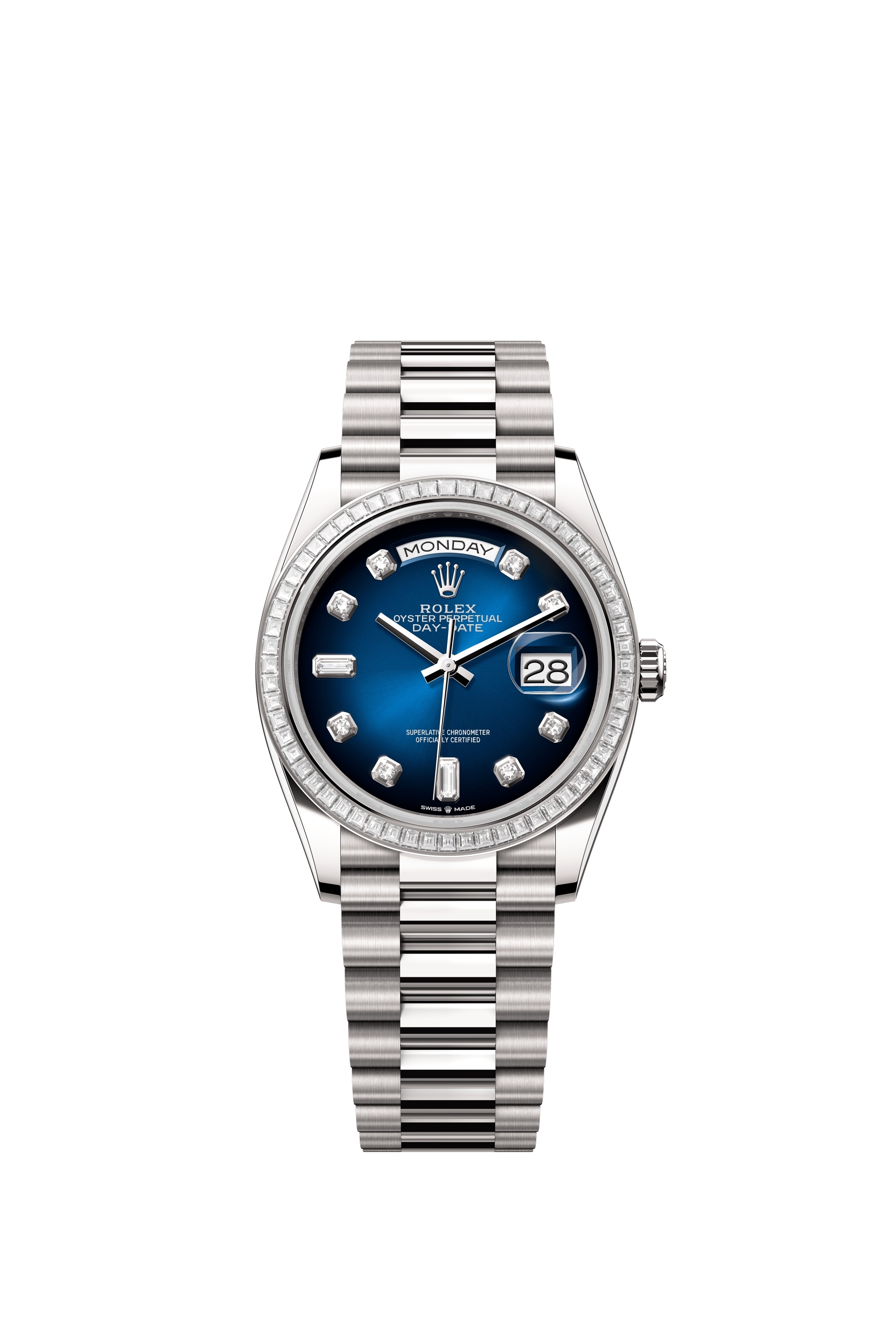 Rolex 128399TBR-0007 : Day-Date 36 White Gold - Baguette / Blue Ombré - Diamond / President