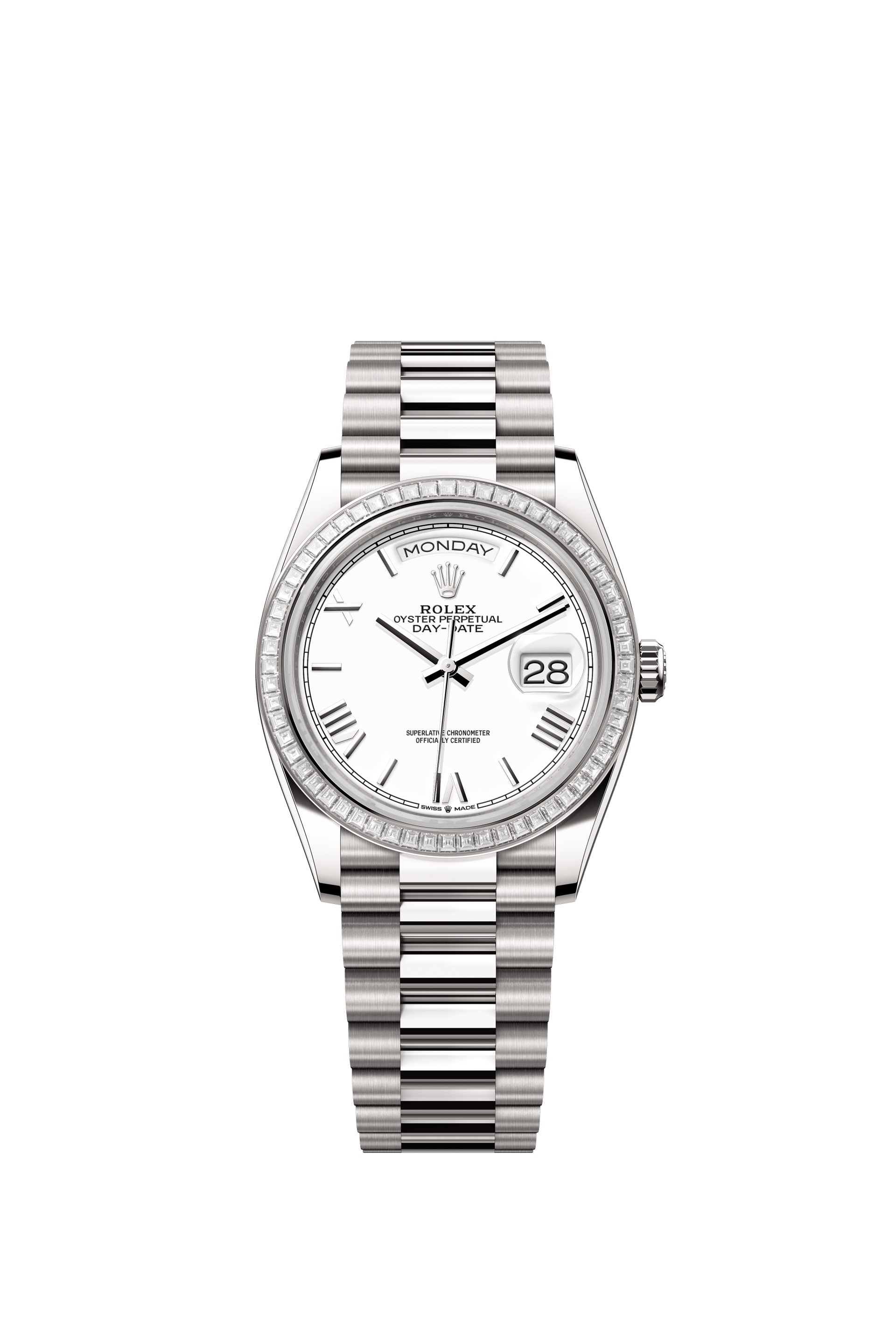 Rolex 128399TBR-0019 : Day-Date 36 White Gold - Baguette / White - Roman / President