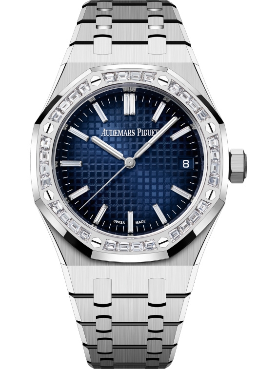 Audemars Piguet 15551BC.ZZ.1356BC.01 : Royal Oak Selfwinding 37 White Gold - Baguette / Smoked Blue