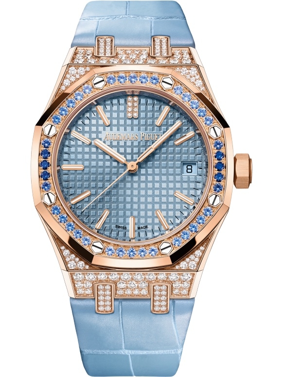 Audemars Piguet 15551OR.ZS.D344CR.01 : Royal Oak Selfwinding 37 Pink Gold - Sapphires / Green / Strap
