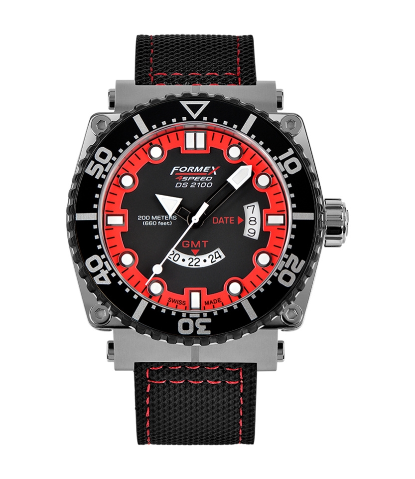 Formex 2100.3.2072.216 : Diver Quartz GMT Black - Red / Calf