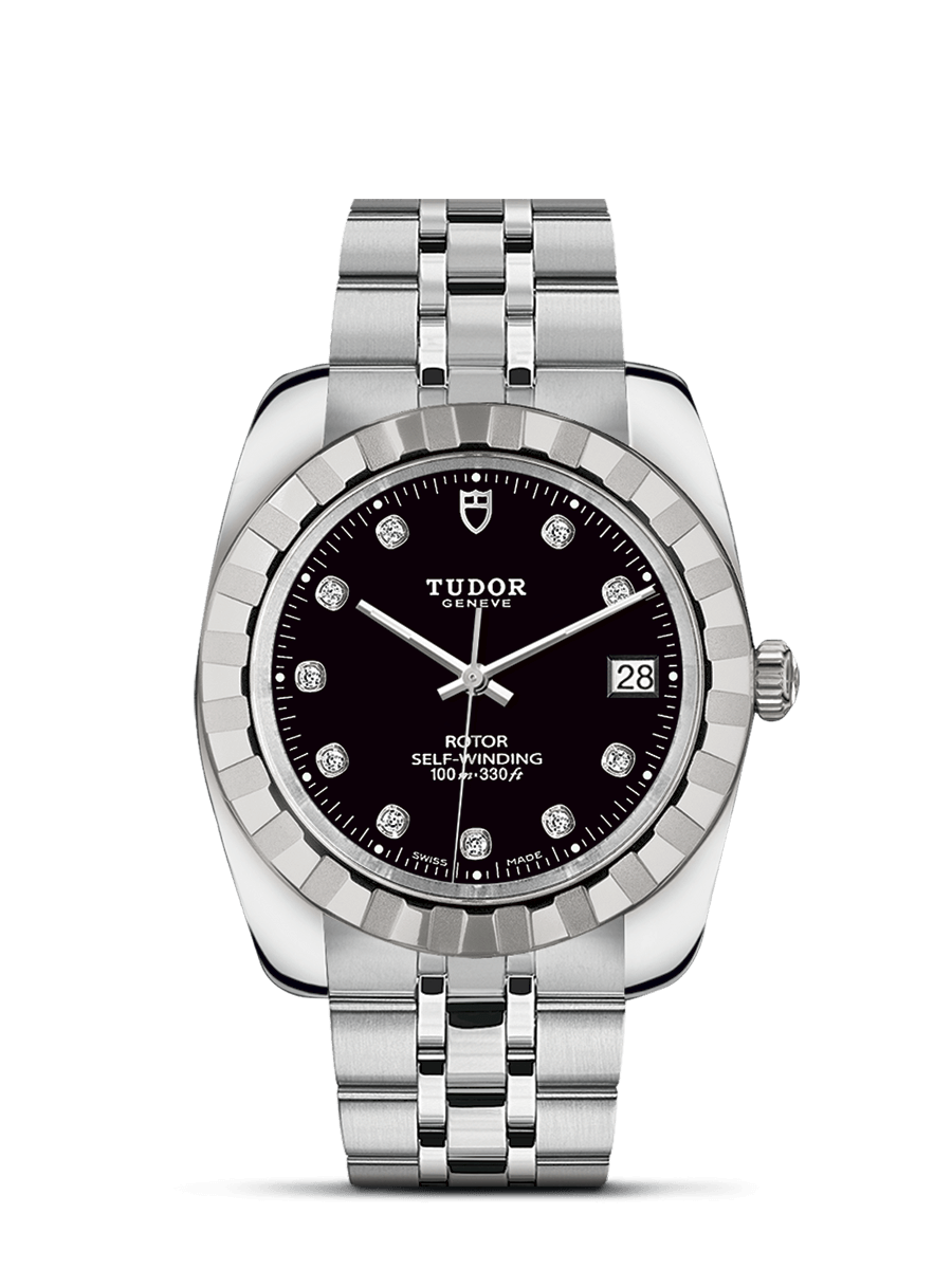 Tudor 21010-0010 : Classic 38 Stainless Steel / Fluted / Black-Diamond / Bracelet