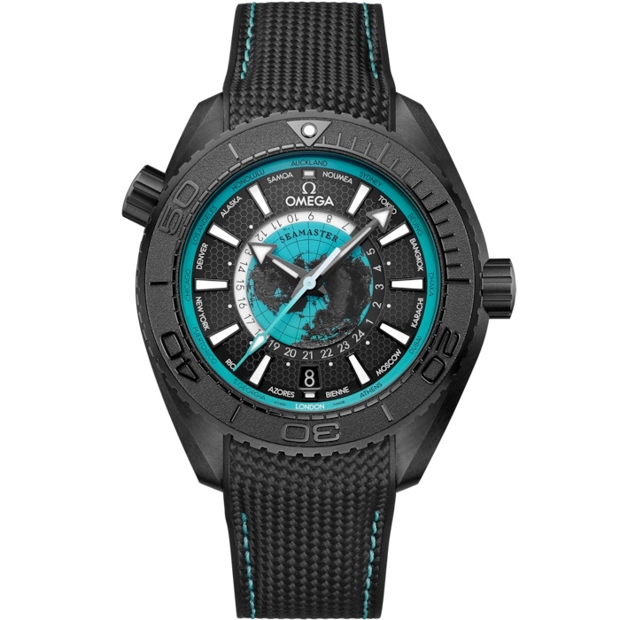 Omega 215.92.46.22.01.006 : Seamaster Planet Ocean 600M Co-Axial Worldtimer 45.5 Master Chronometer GMT Ceramic / Black - Turquoise / Rubber