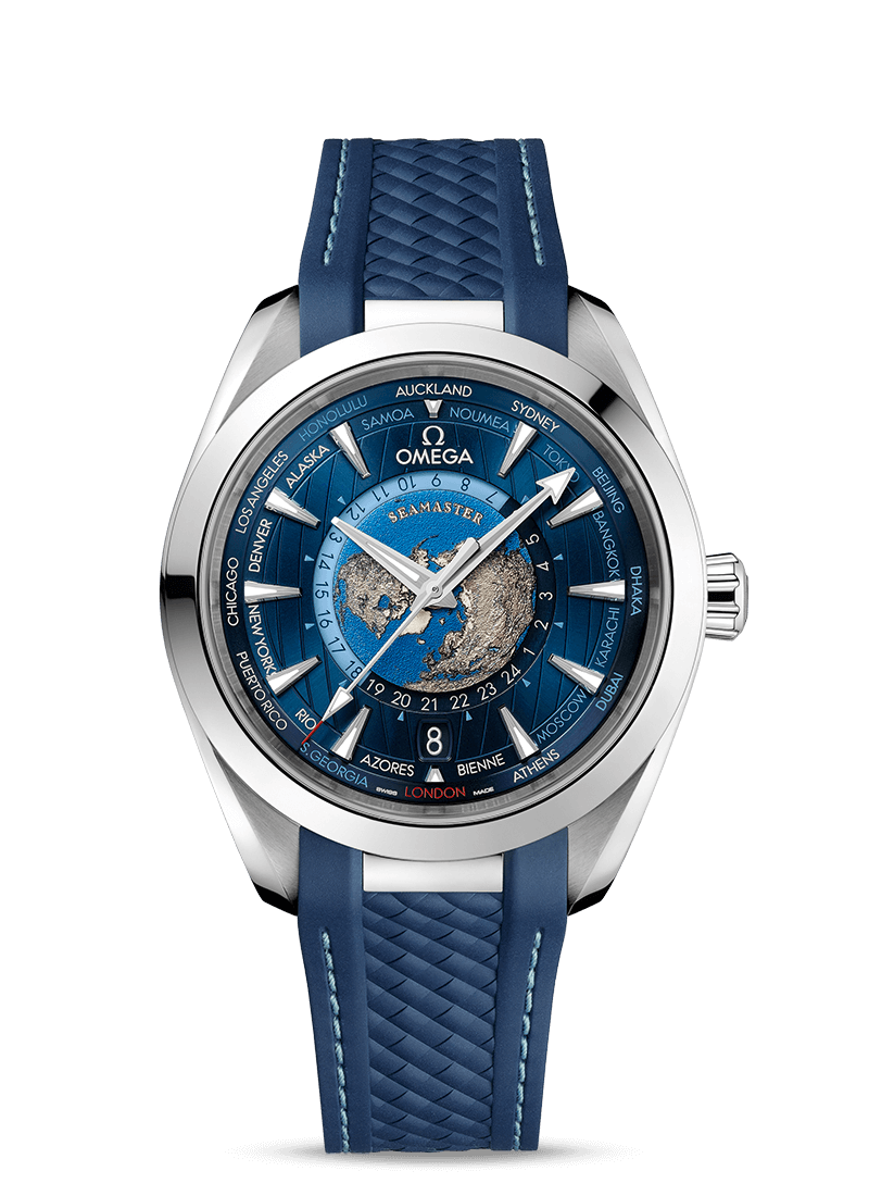 Omega 220.12.43.22.03.001 : Seamaster Aqua Terra 150M Master Chronometer 43 Worldtimer Stainless Steel / Blue / Rubber