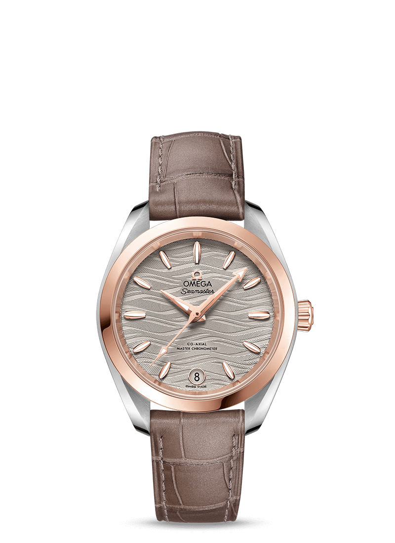 Omega 220.23.34.20.06.001 : Seamaster Aqua Terra 150M Master Chronometer 34 Stainless Steel / Sedna Gold / Grey-Waves / Alligator