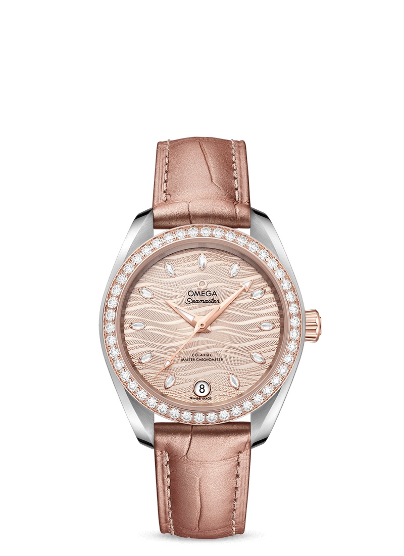 Omega 220.28.34.20.59.001 : Seamaster Aqua Terra 150M Master Chronometer 34 Stainless Steel / Sedna Gold / Diamond / Grey - Diamond / Alligator
