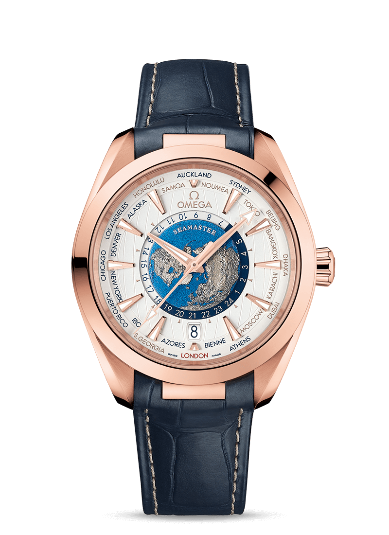 Omega 220.53.43.22.02.001 : Seamaster Aqua Terra 150M Master Chronometer 43 Worldtimer Sedna Gold / Silver / Alligator