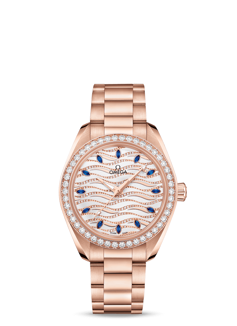 Omega 220.55.34.20.99.005 : Seamaster Aqua Terra 150M Master Chronometer 34 Sedna Gold / Diamond / Wave Sapphire / Bracelet