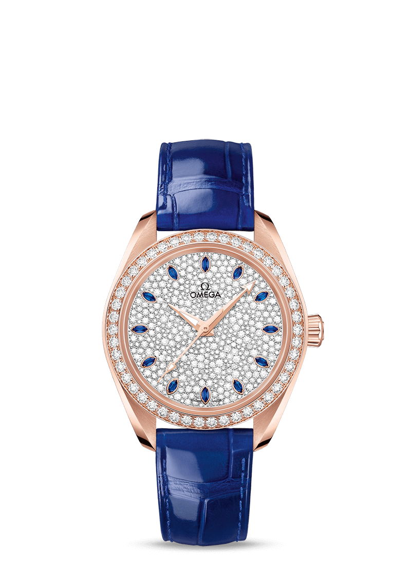 Omega 220.58.34.20.99.002 : Seamaster Aqua Terra 150M Master Chronometer 34 Sedna Gold / Diamond / Snow Sapphire / Alligator