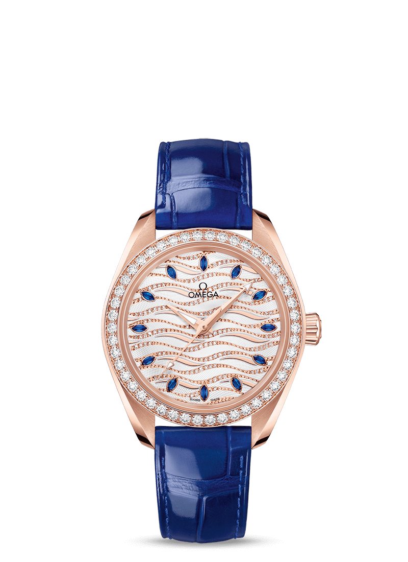 Omega 220.58.34.20.99.005 : Seamaster Aqua Terra 150M Master Chronometer 34 Sedna Gold / Diamond / Wave Sapphire / Alligator