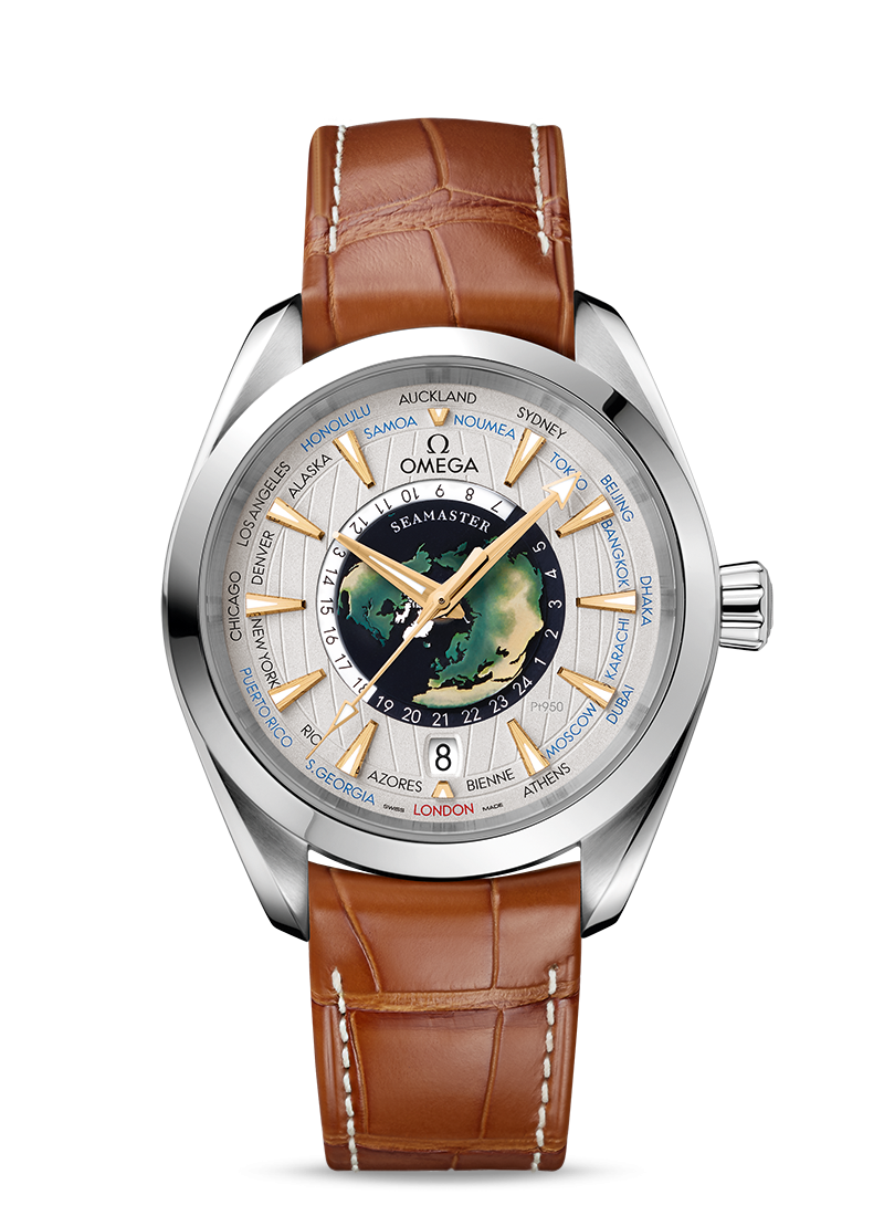Omega 220.93.43.22.99.001 : Seamaster Aqua Terra 150M Master Chronometer 43 Worldtimer Platinum / Enamel / Alligator