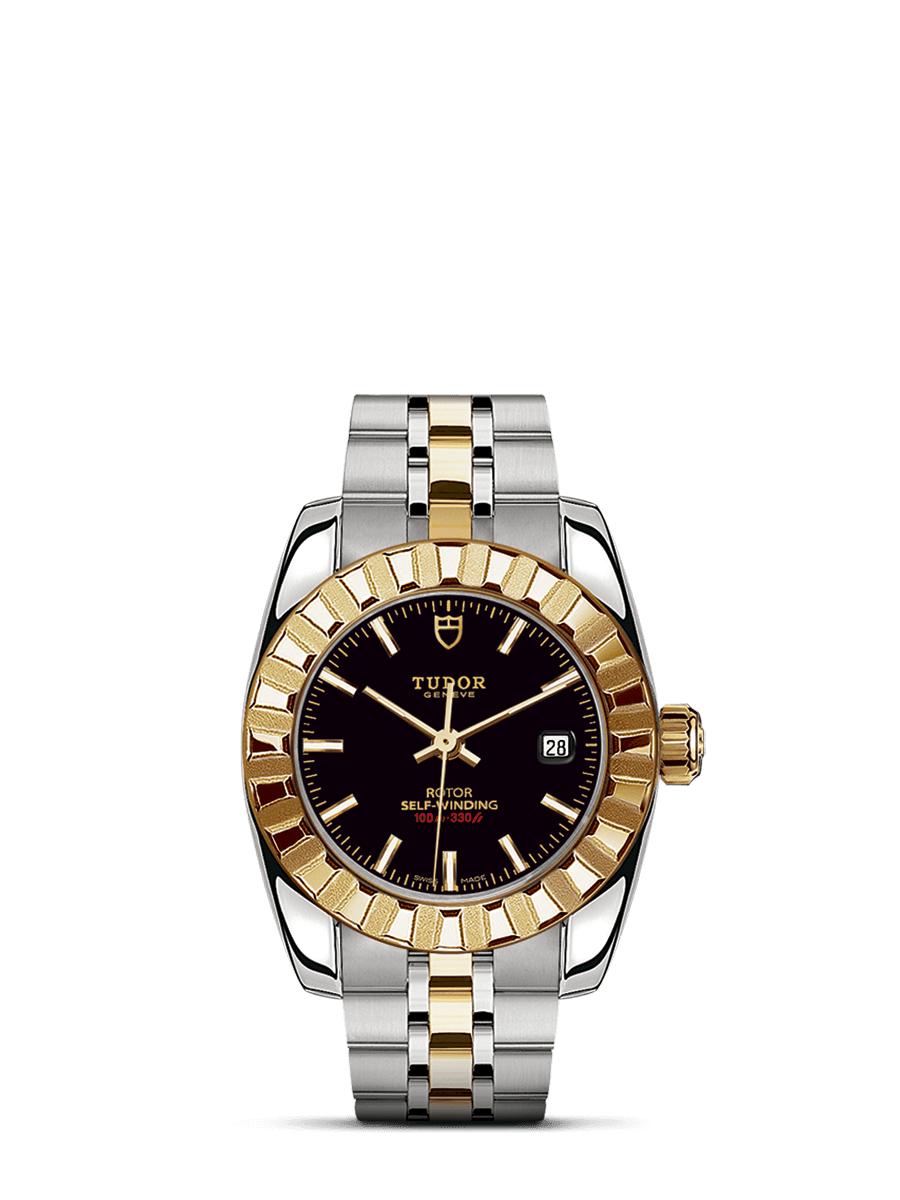 Tudor 22013-0003 : Classic 28 Stainless Steel / Yellow Gold / Fluted / Black / Bracelet