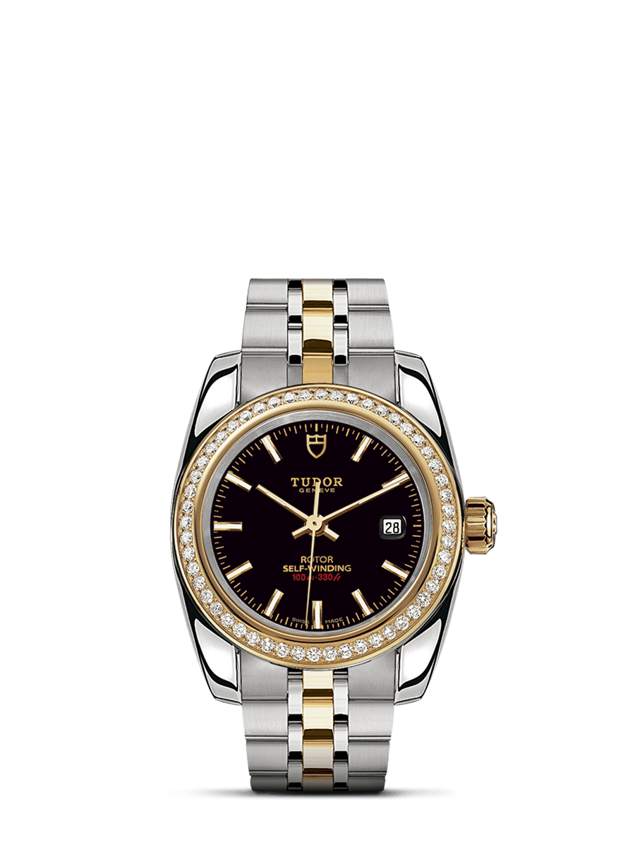 Tudor 22023-0007 : Classic 28 Stainless Steel / Yellow Gold / Diamond / Black / Bracelet