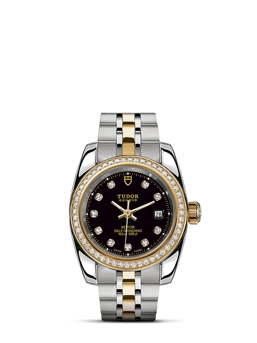 Tudor 22023-0008 : Classic 28 Stainless Steel / Yellow Gold / Diamond / Black-Diamond / Bracelet