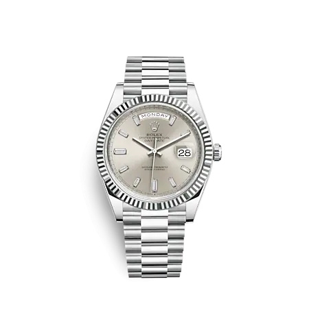 Rolex 228236-0002 : Day-Date 40 Platinum - Fluted / Silver - Baguette
