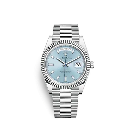 Rolex 228236-0006 : Day-Date 40 Platinum - Fluted / Ice Blue - Baguette