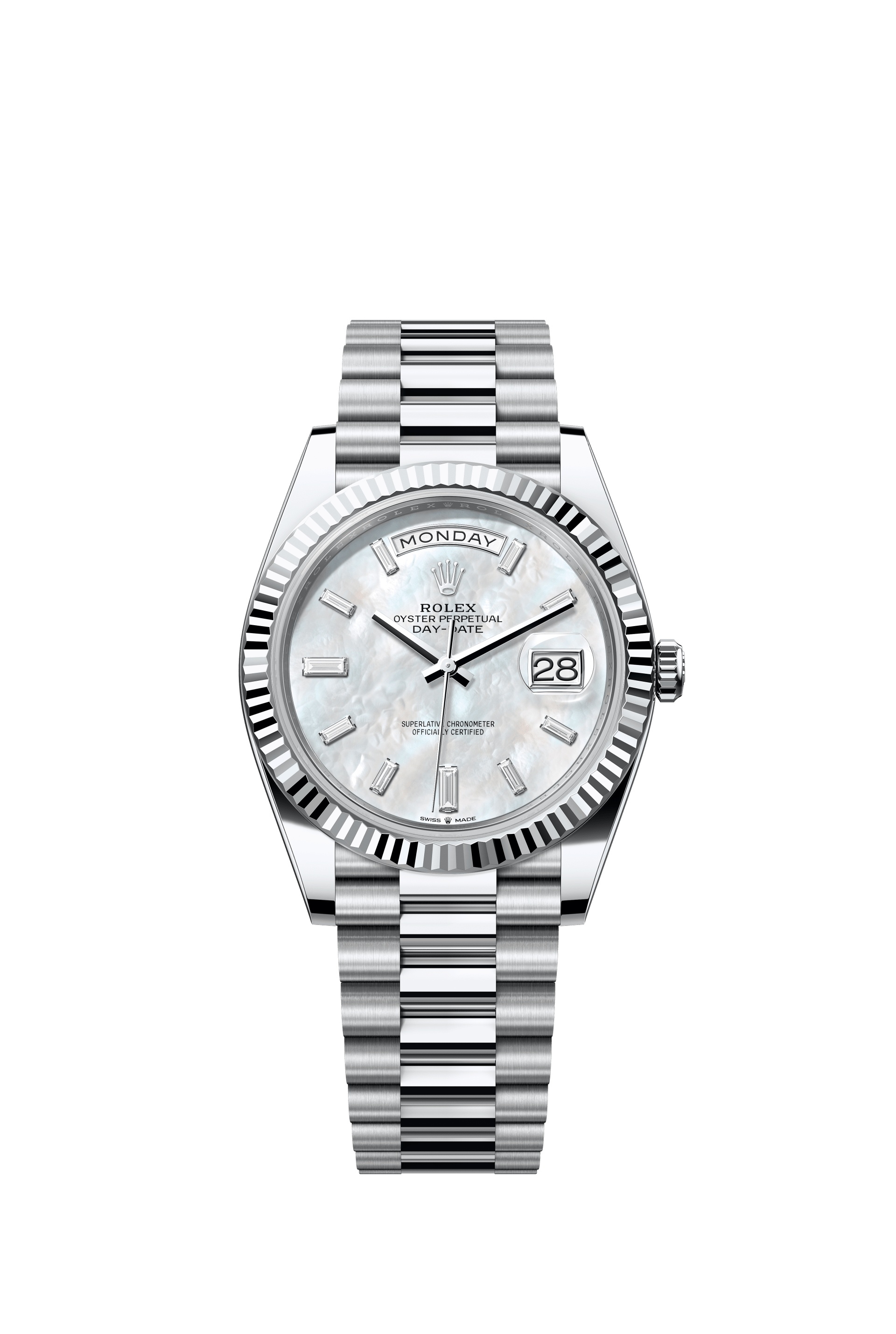Rolex 228236-0026 : Day-Date 40 Platinum - Fluted / MOP - Baguette