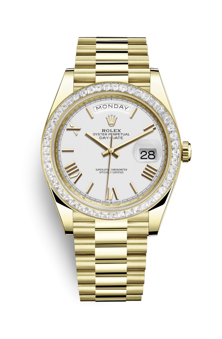 Rolex 228348RBR-0034 : Day-Date 40 Yellow Gold / Baguette / White - Roman