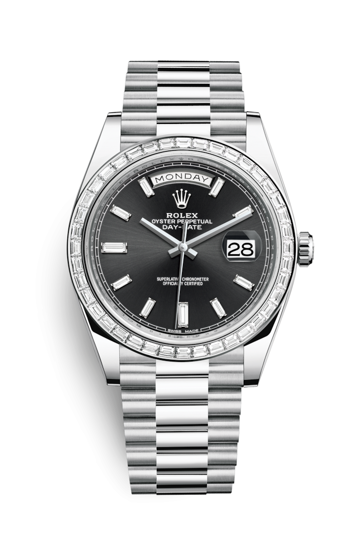 Rolex 228396TBR-0012 : Day-Date 40 Platinum - Baguette / Black Baguette