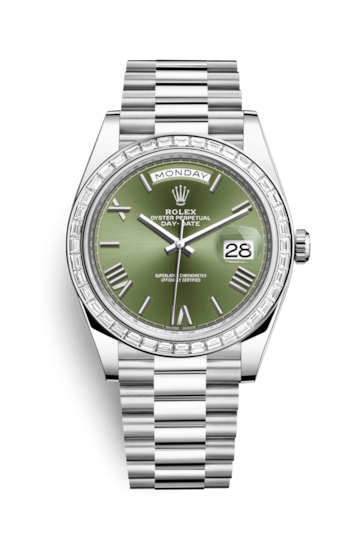 Rolex 228396TBR-0020 : Day-Date 40 Platinum - Baguette / Green Roman