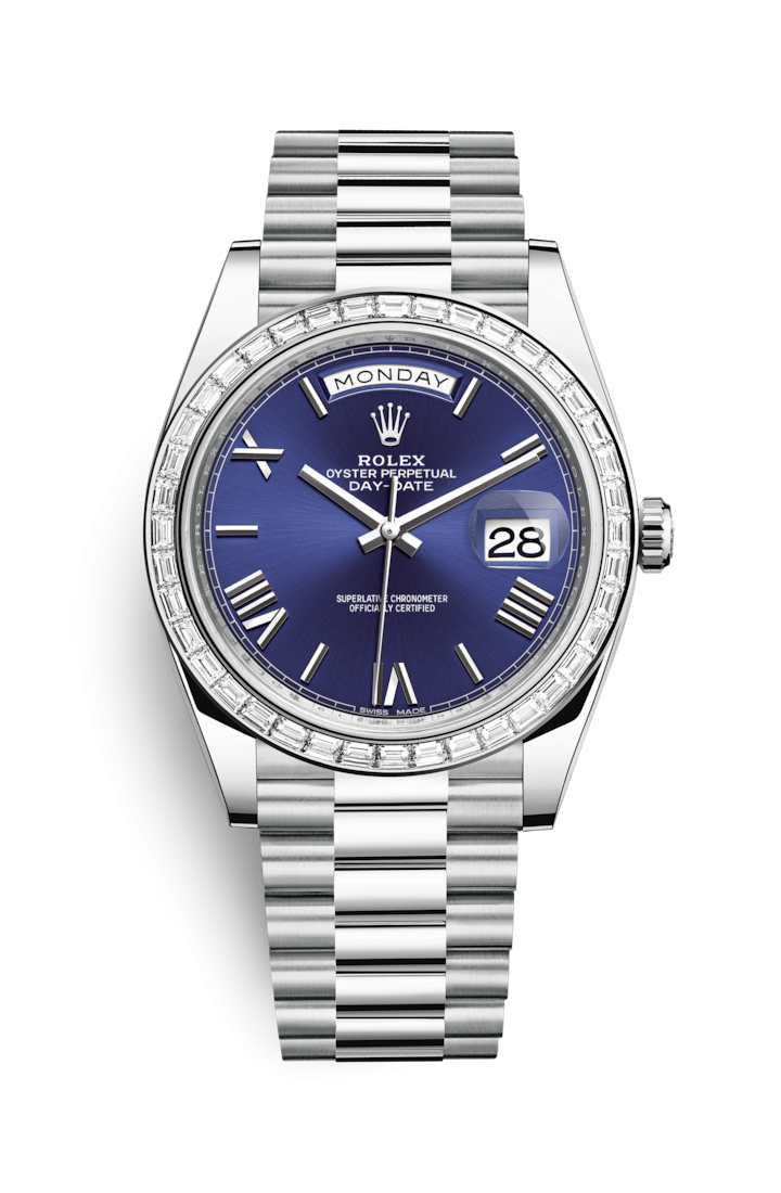 Rolex 228396TBR-0026 : Day-Date 40 Platinum - Baguette / Blue Roman
