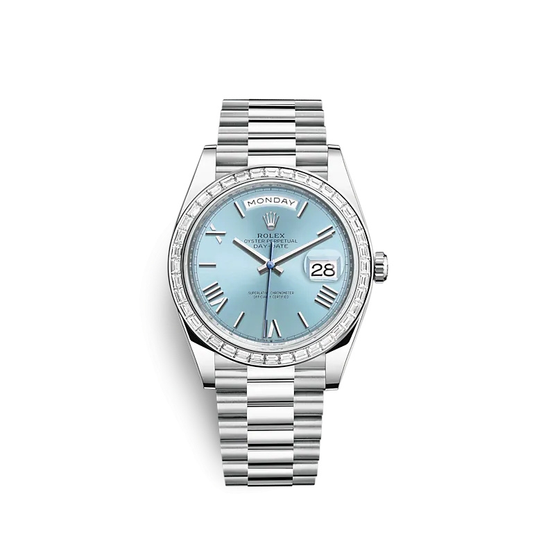 Rolex 228396TBR-0030 : Day-Date 40 Platinum - Baguette / Ice Blue - Roman
