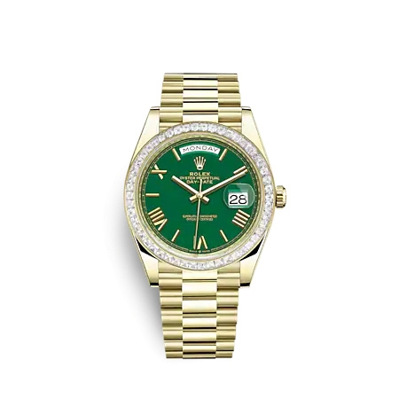 Rolex 228398TBR-0039 : Day-Date 40 Yellow Gold - Baguette / Green - Roman