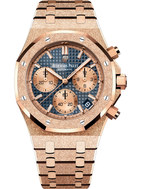 Audemars Piguet 26239OR.GG.1224OR.01 : Royal Oak Chronograph 41 Frosted Pink Gold / Blue / Bracelet