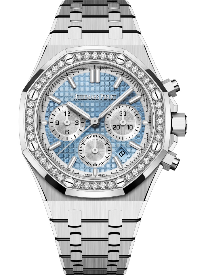 Audemars Piguet 26715ST.ZZ.1356ST.01 : Royal Oak Chronograph 38 Stainless Steel - Diamond / Light Blue