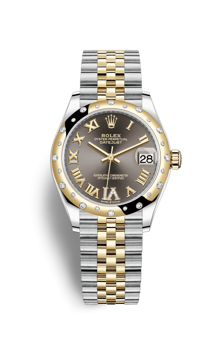 Rolex 278343RBR-0018 : Datejust 31 Stainless Steel / Yellow Gold / Domed - Diamond / Grey - Roman / Jubilee