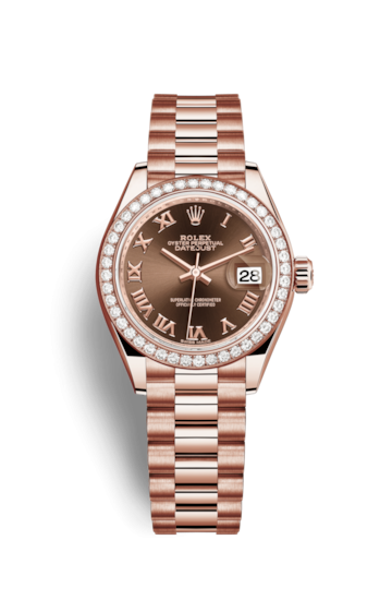 Rolex 279135RBR-0016 : Lady-Datejust 28 Everose Diamond / President / Chocolate Roman
